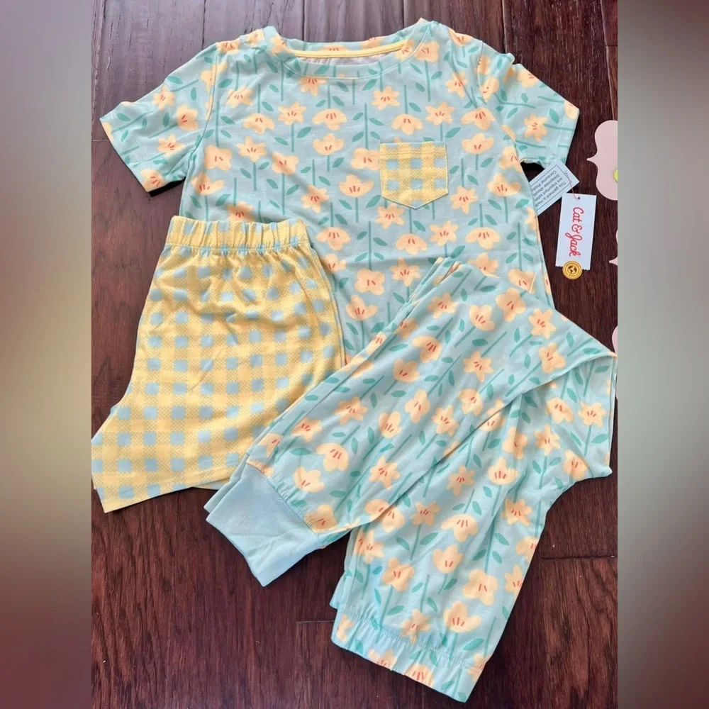 Cat & Jack Girls 3pc Pajama Set Floral Checkered Mint Yellow NWT Size 10/12